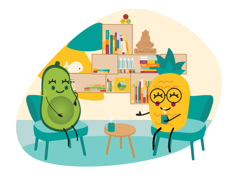 Un ananas et un avocat qui discutent dans le bureau de Loukidou