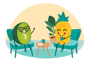 Scénette 1 avocat et 1 ananas discutent autour d'un bureau